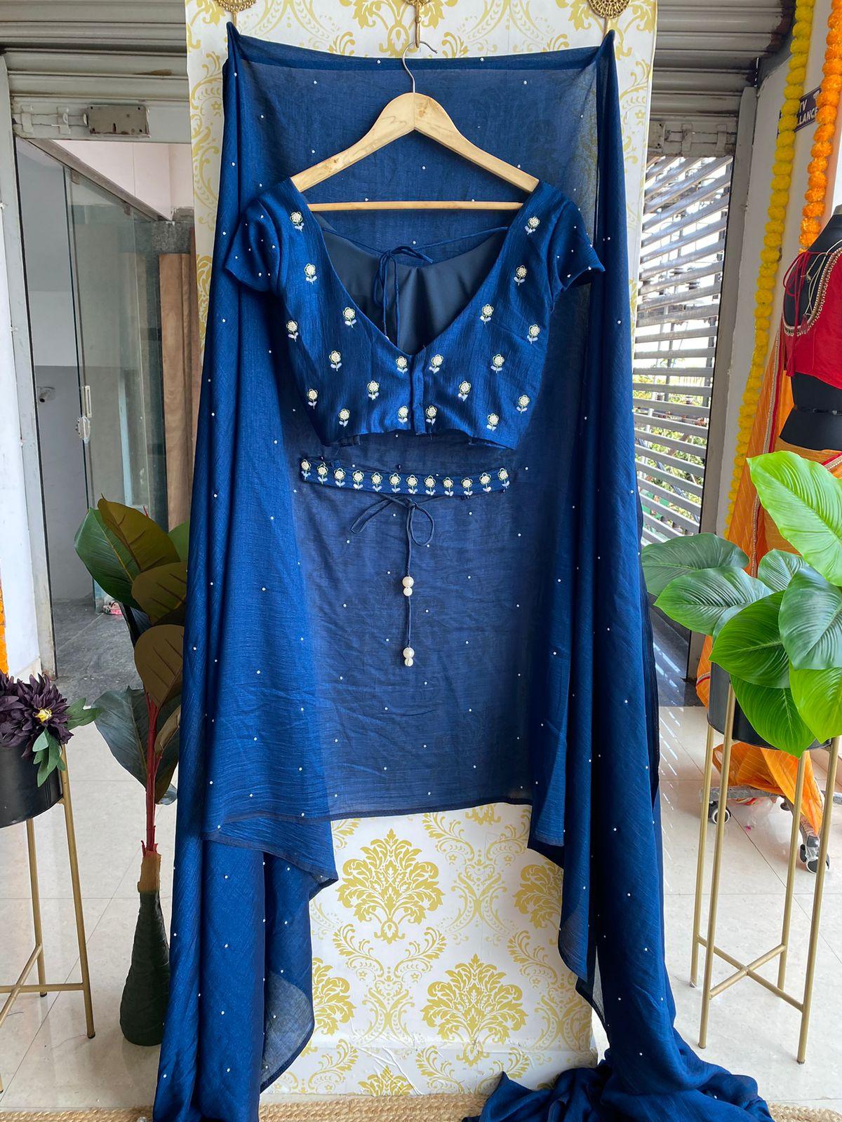 Deep blue marble silk saree with hand worked saree - Threads