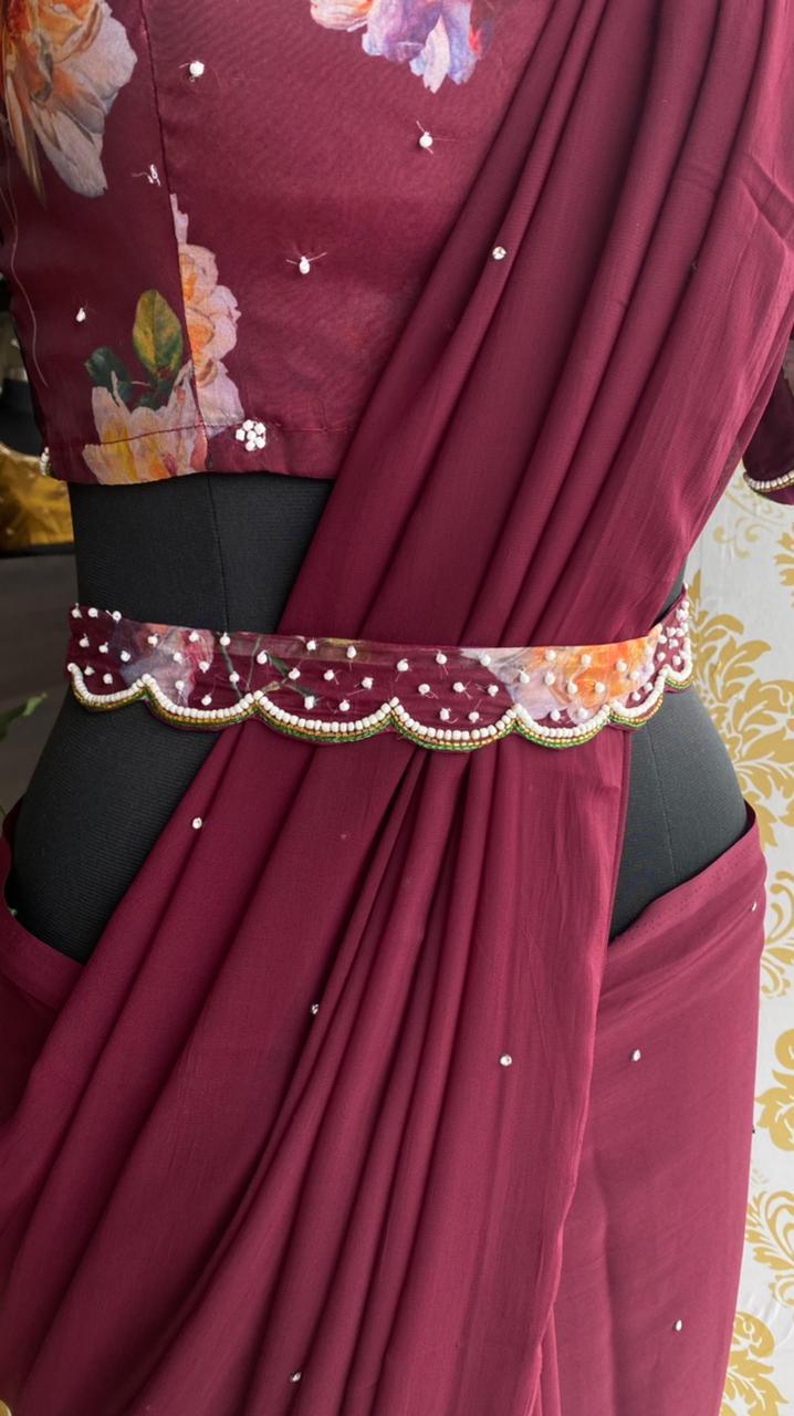 Wine georgette saree with organza hand worked blouse - Threads