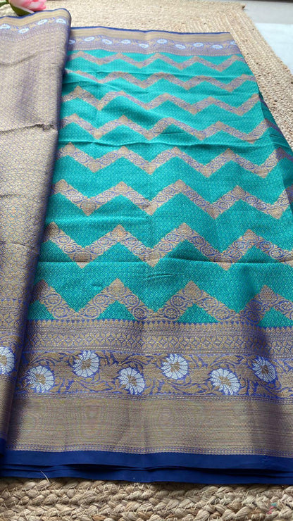 Sea blue silk chanderi saree with blouse - Threads