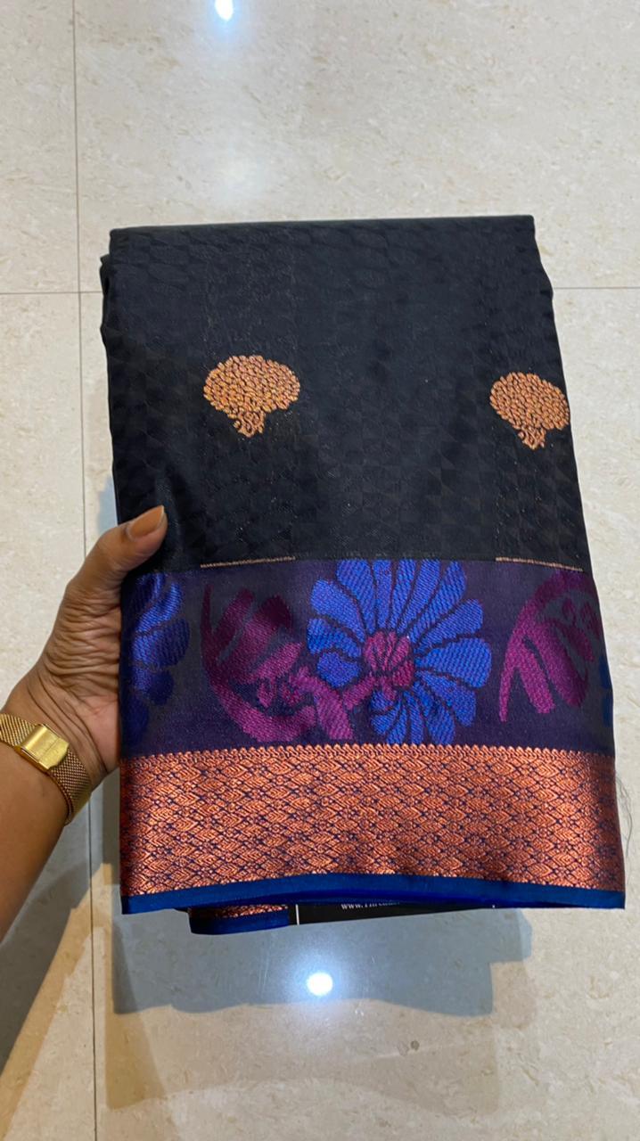 Dual shaded black and blue silk saree with blouse - Threads