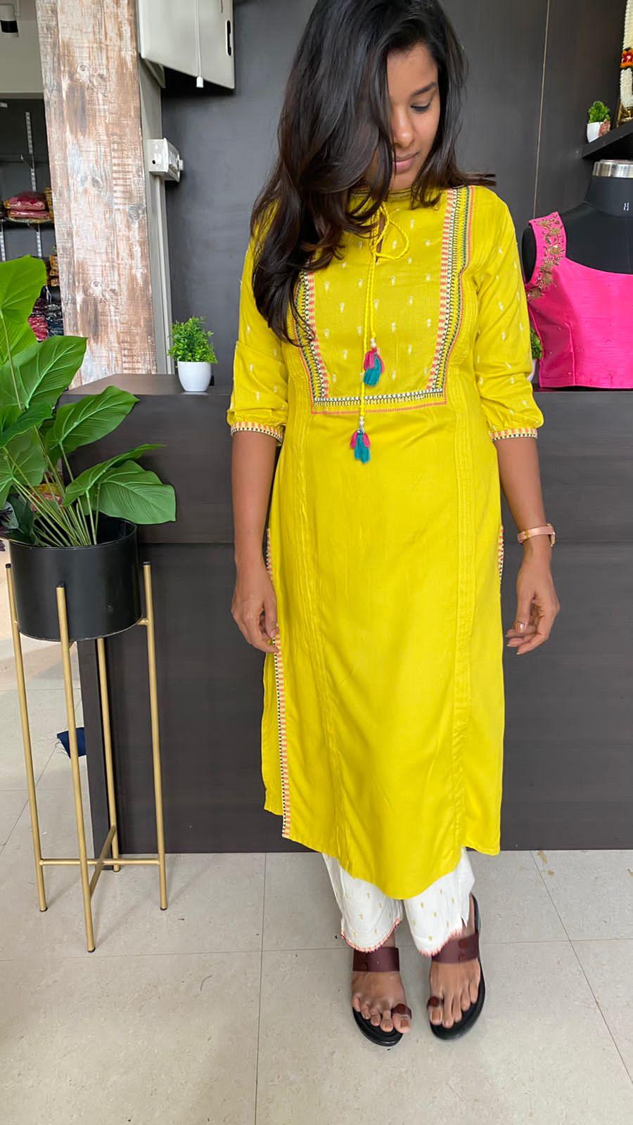 Buy Cyber Yellow Mirror And Thread Embroidered Kurta Set