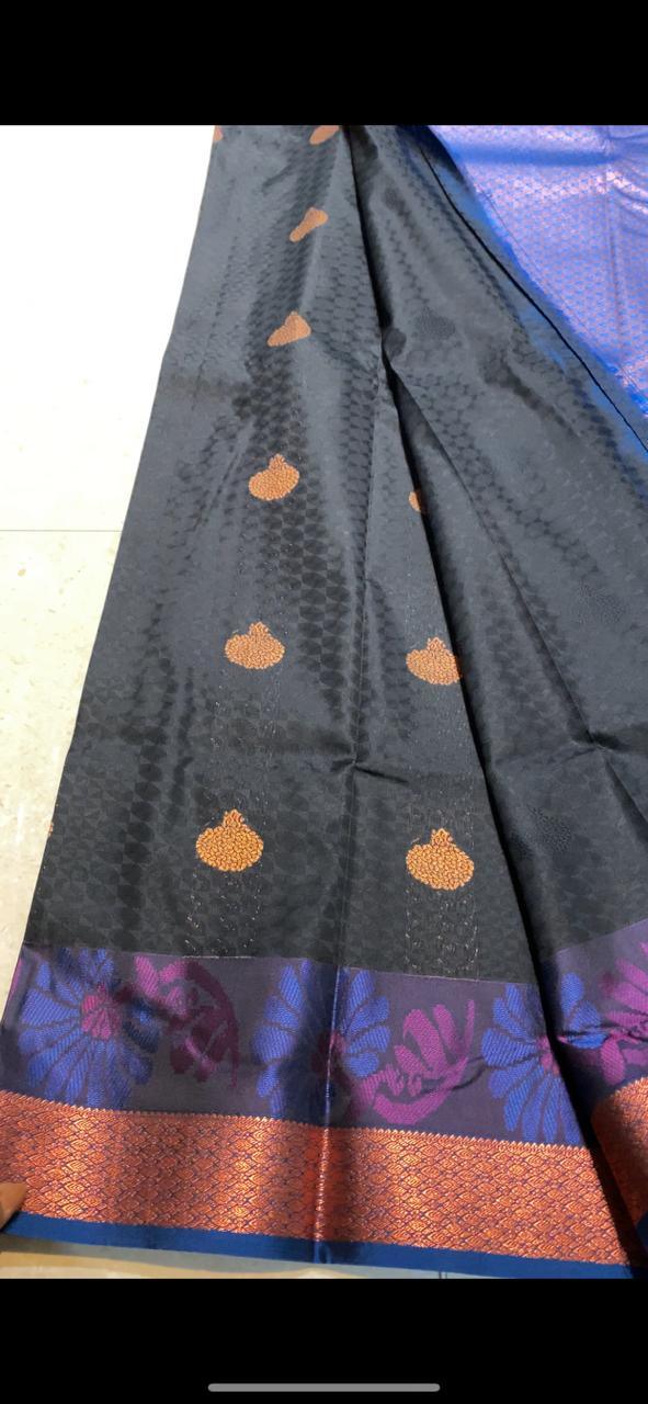 Dual shaded black and blue silk saree with blouse - Threads