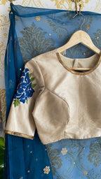Deep blue organza saree with thread worked blouse - Threads