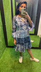 White and grey Cotton printed embroidery short kurti top - Threads