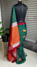 Bottle green and orange Silk saree with blouse - Threads