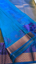 Mehandi green blue semi silk saree with blouse - Threads