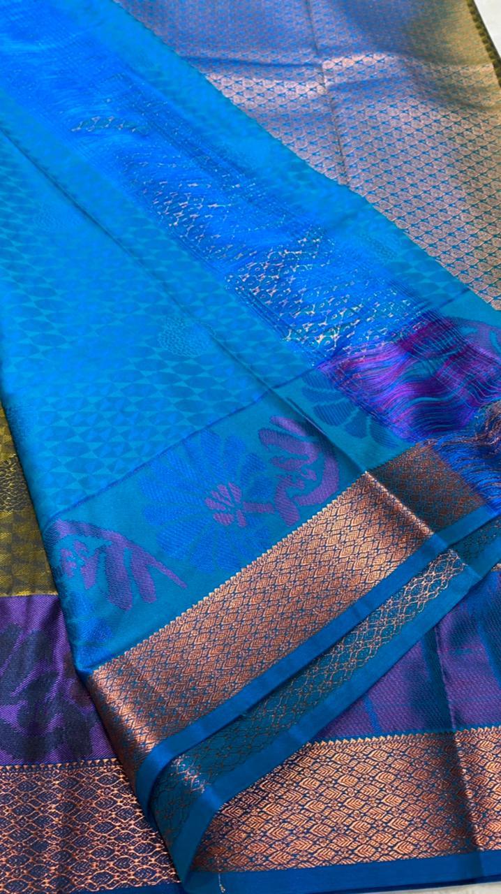 Mehandi green blue semi silk saree with blouse - Threads