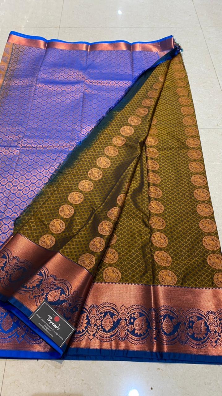 Mehandi green deep blue semi silk saree with blouse - Threads