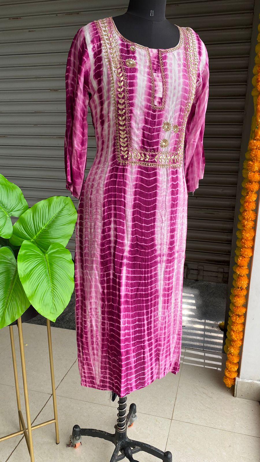 Pink and white pure shibori embroidery kurti top - Threads