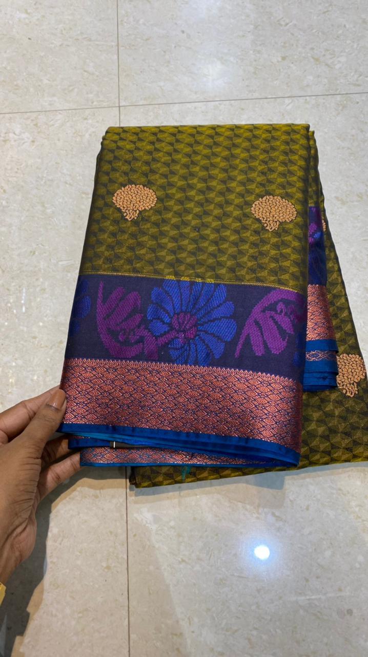 Mehandi green blue semi silk saree with blouse - Threads