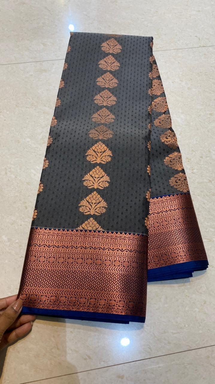 Dual shaded grey and blue silk saree with blouse - Threads