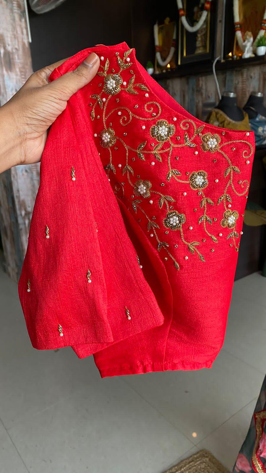 Deep blue floral soft organza saree with hand worked blouse - Threads