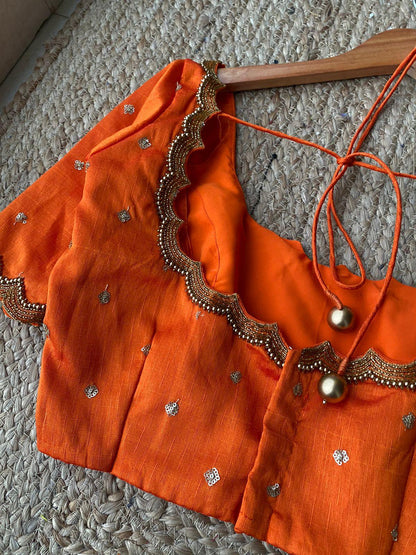 Orange Silk Scallope hand worked blouse - Threads
