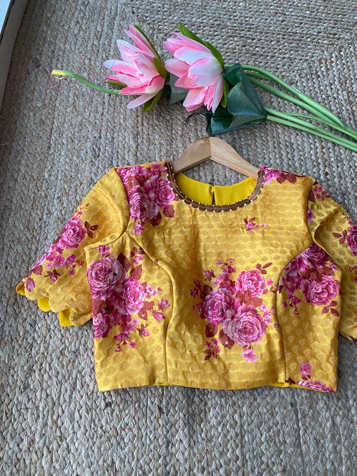 Yellow pink floral print hand worked blouse - Threads