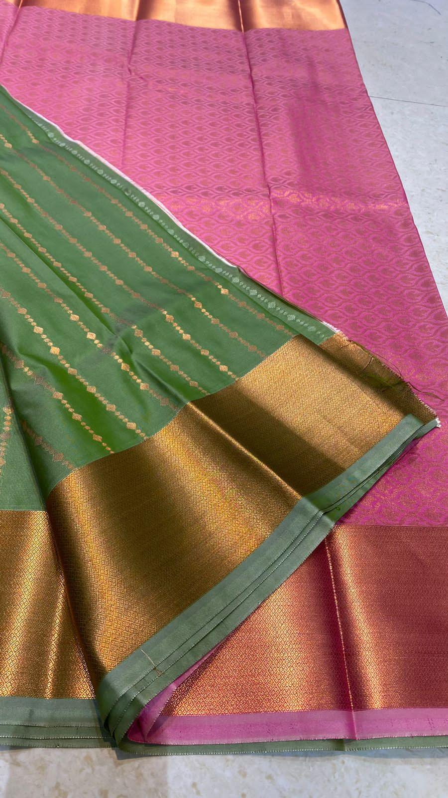Western green and pink silk saree with blouse - Threads
