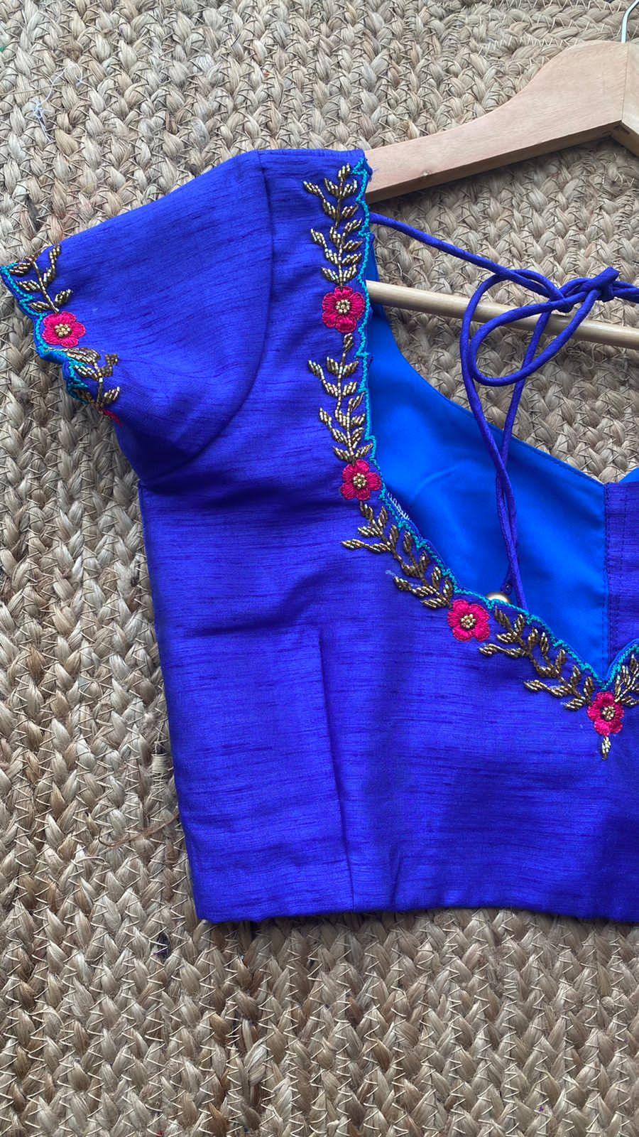 Royal Blue neck hand embroidery worked blouse - Threads