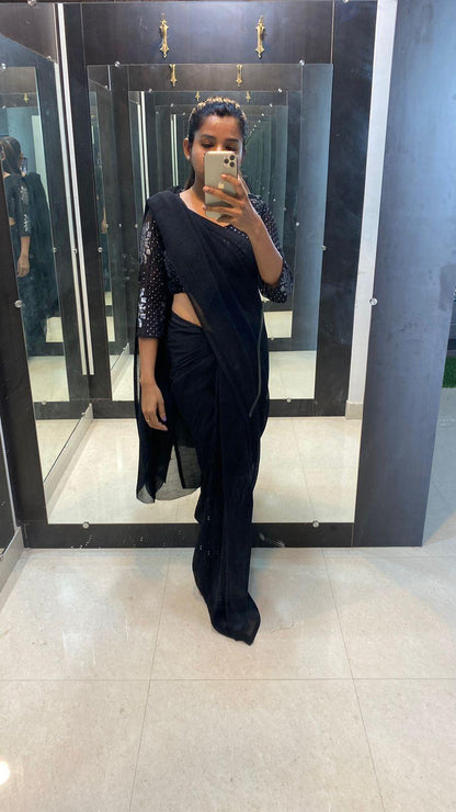Black crushed saree with ready to wear Blouse