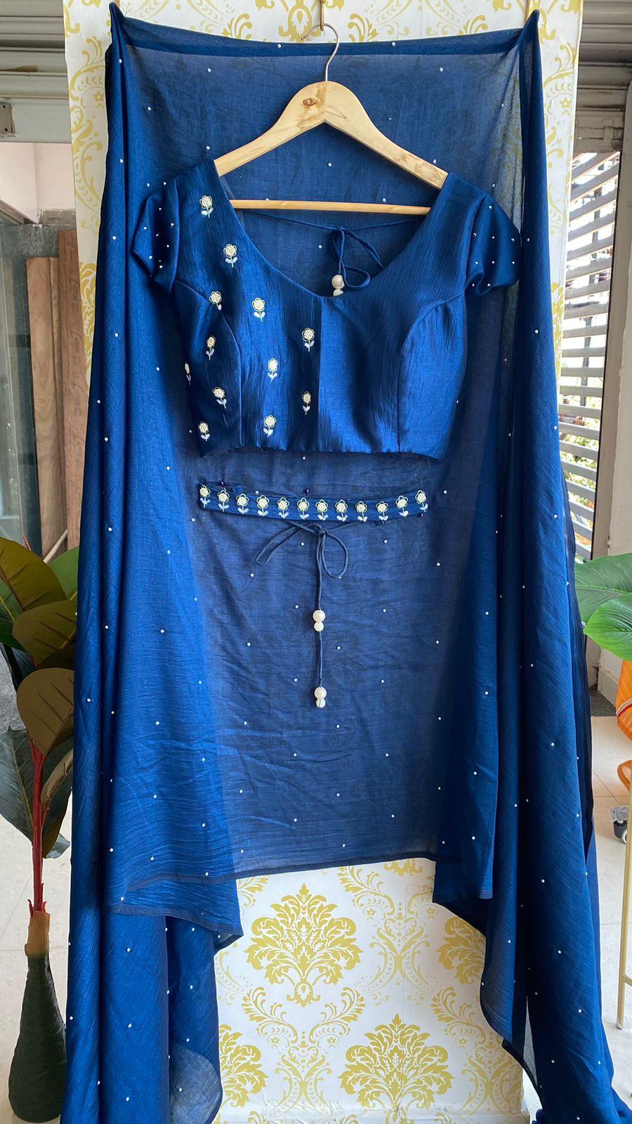 Deep blue marble silk saree with hand worked saree - Threads