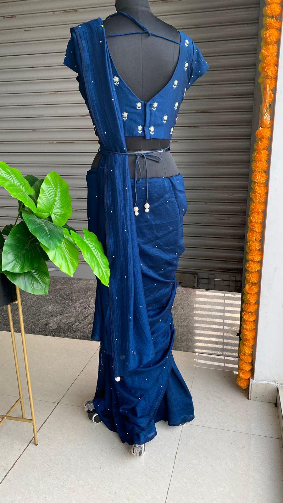 Deep blue marble silk saree with hand worked saree - Threads
