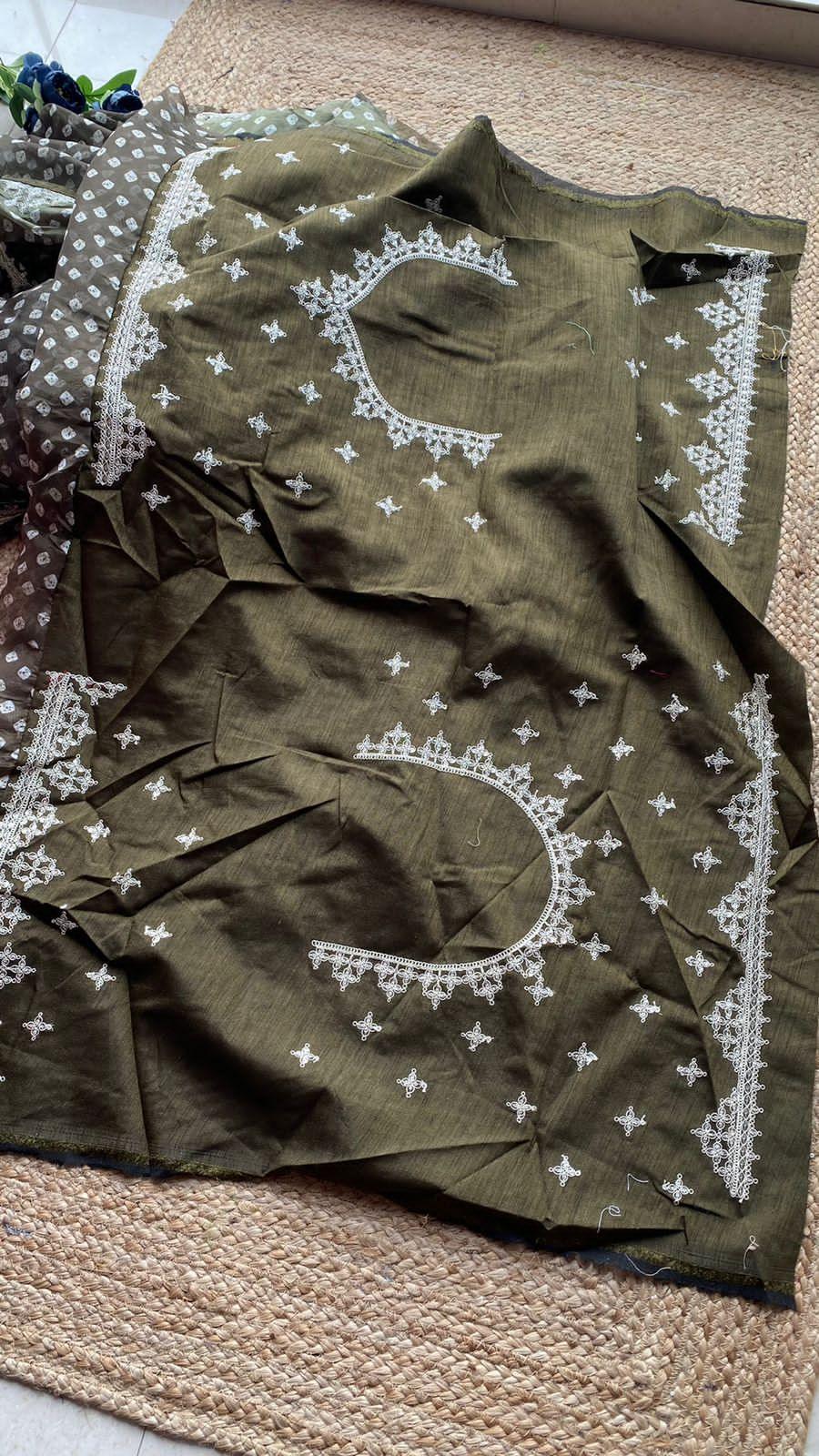 Bottle green Organza saree with heavy embroidery blouse - Threads