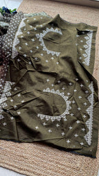 Bottle green Organza saree with heavy embroidery blouse - Threads
