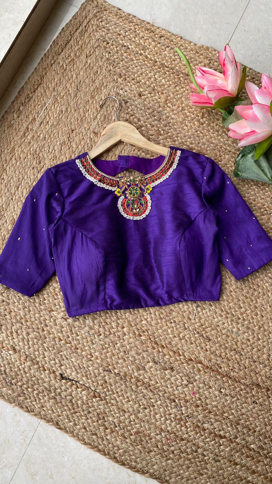 Purple Silk Jewel Neck hand worked blouse - Threads