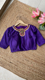 Purple Silk Jewel Neck hand worked blouse - Threads