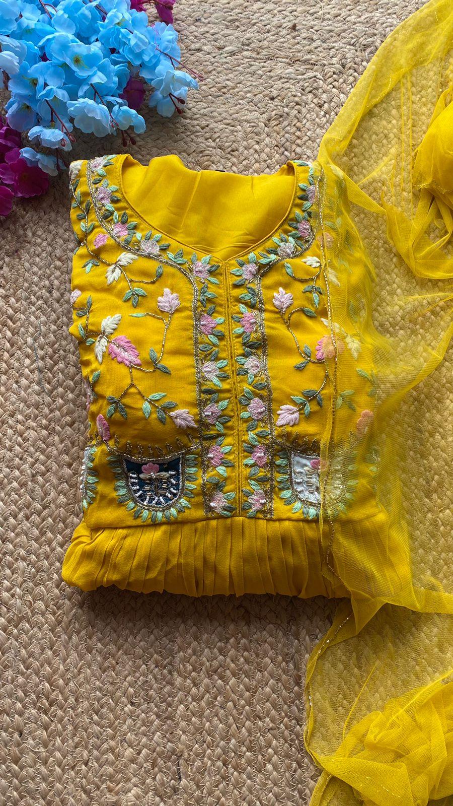Yellow georgette hand worked gown 2 piece kurti - Threads