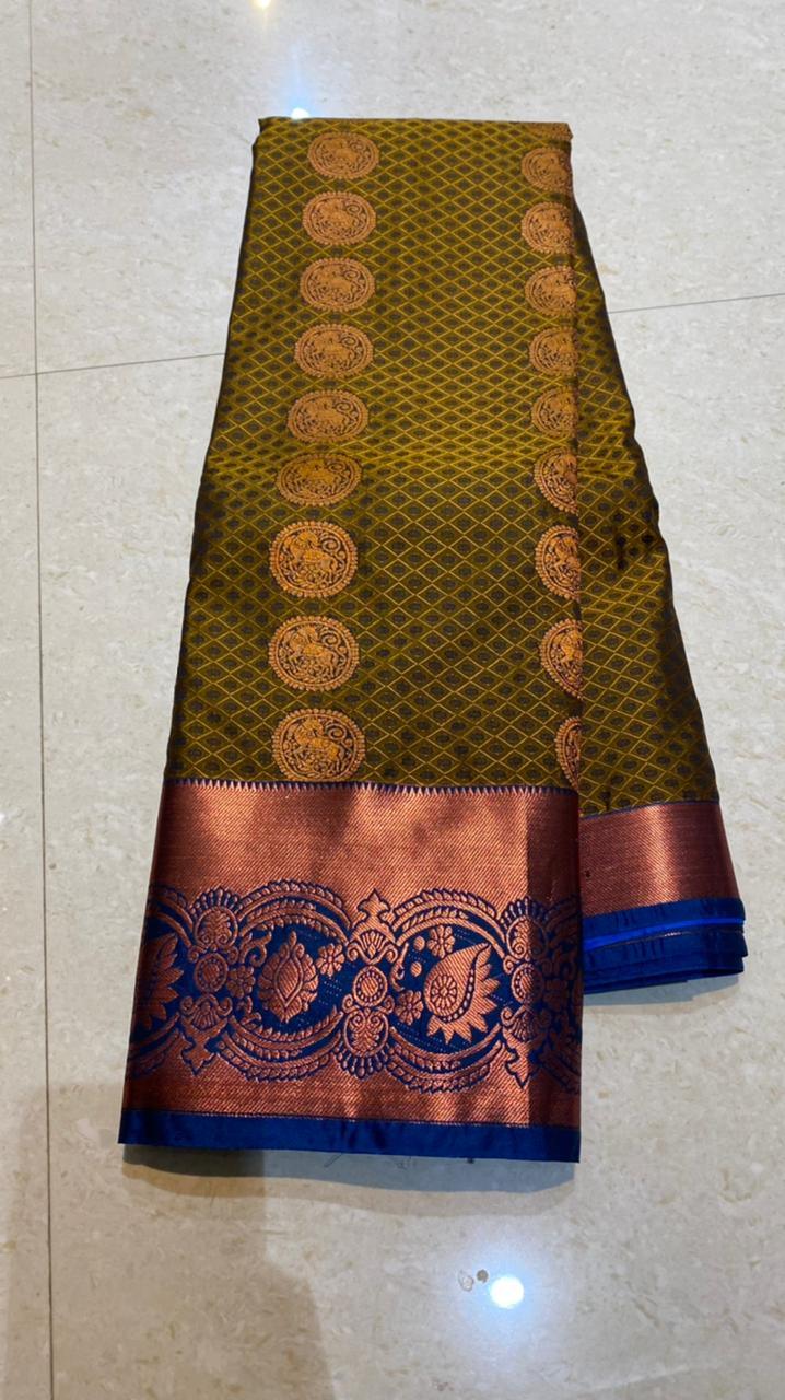 Mehandi green deep blue semi silk saree with blouse - Threads