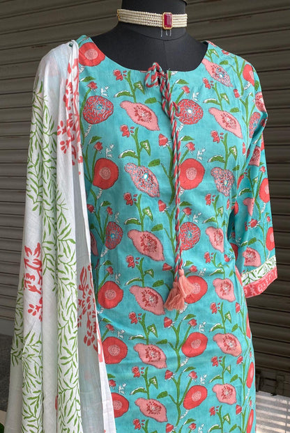 Cotton floral blue embroidery hand worked  3 piece kurti set - Threads