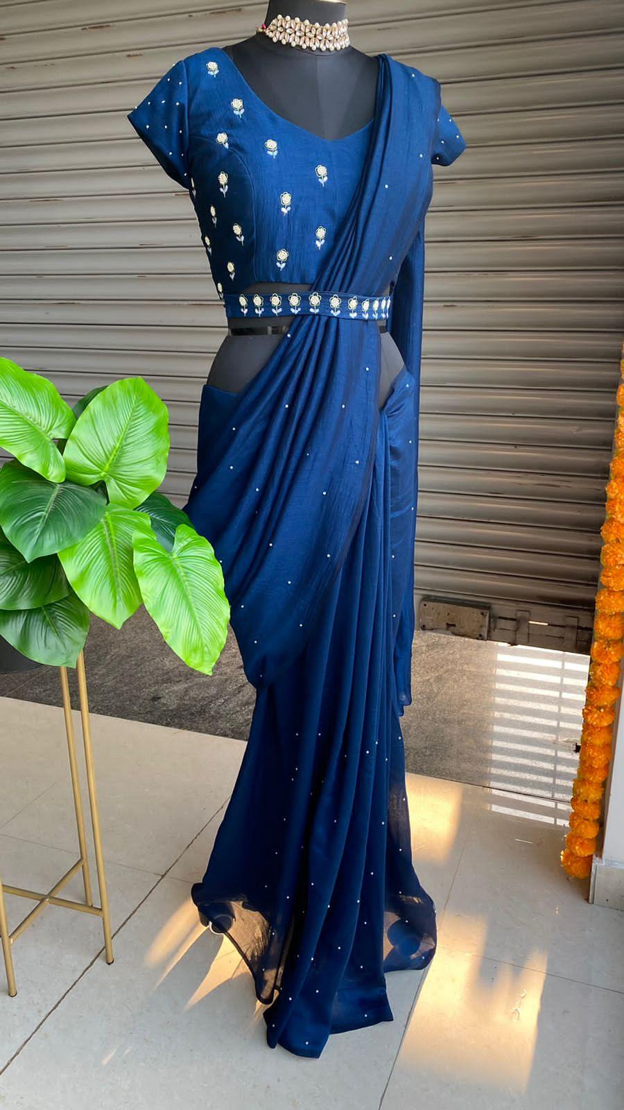 Deep blue marble silk saree with hand worked saree - Threads