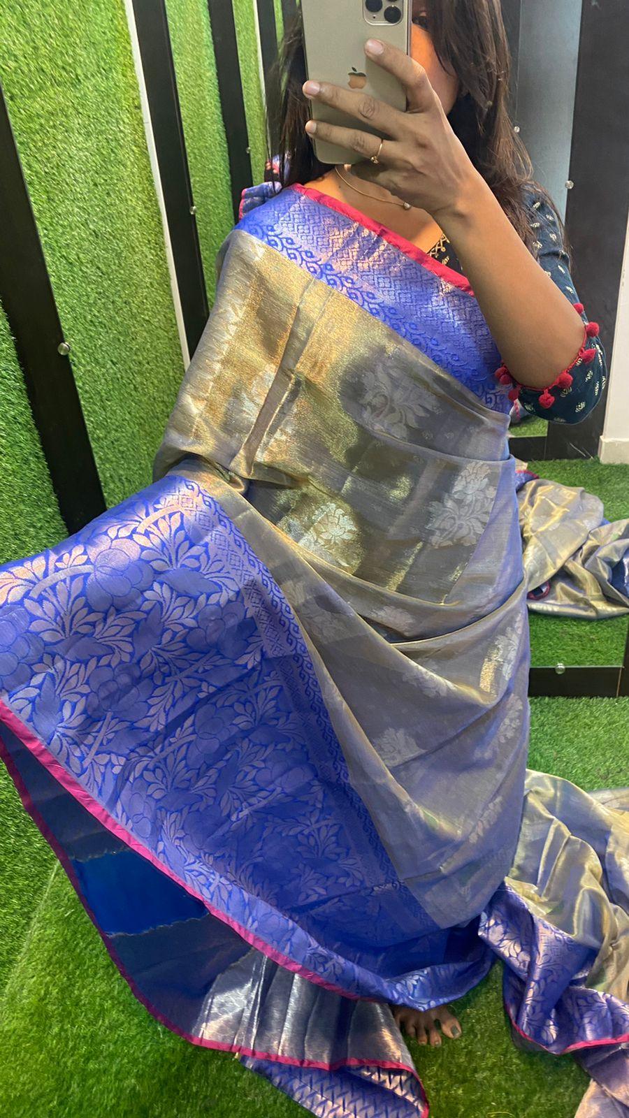 silver grey and blue silk saree with blouse - Threads