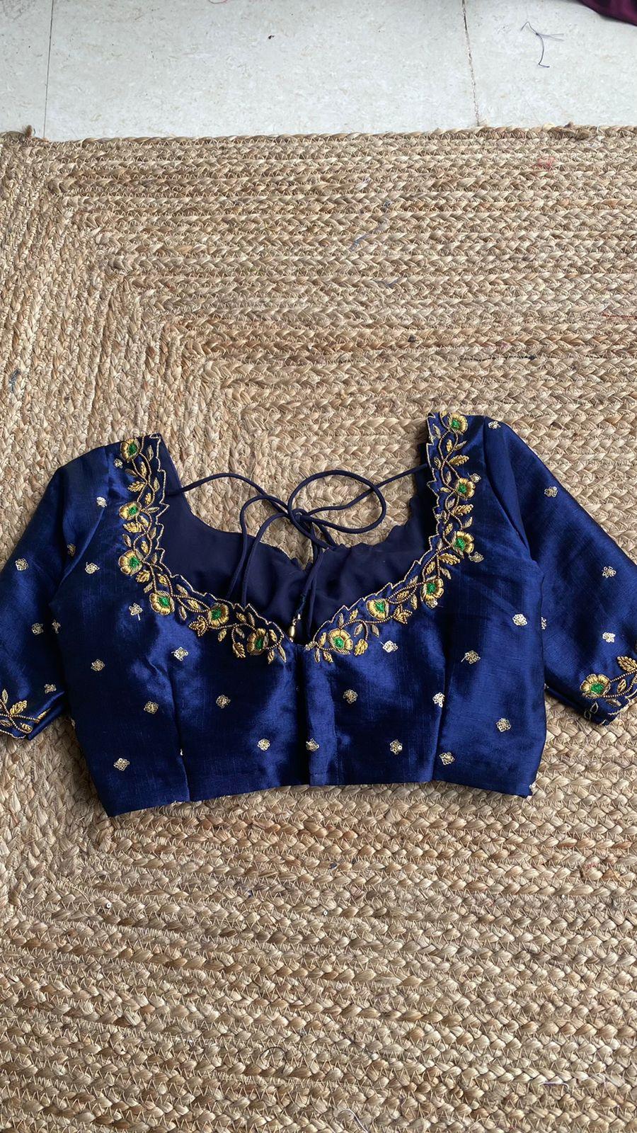 Midnight blue silk embroidery hand worked blouse - Threads