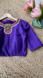 Purple Silk Jewel Neck hand worked blouse - Threads