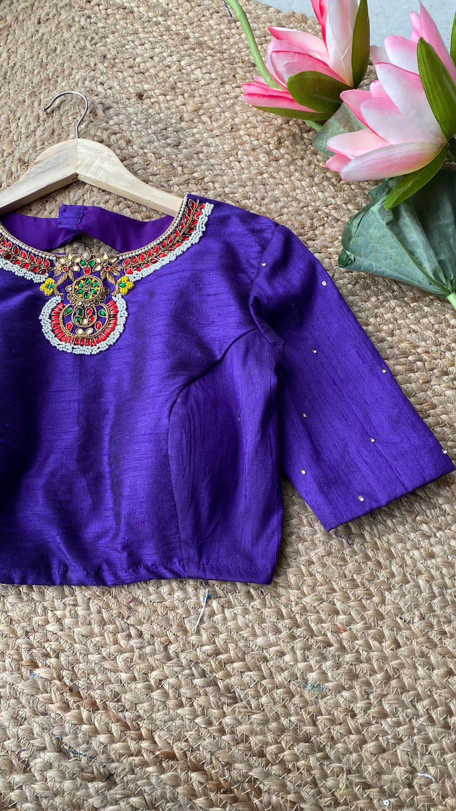 Purple Silk Jewel Neck hand worked blouse - Threads