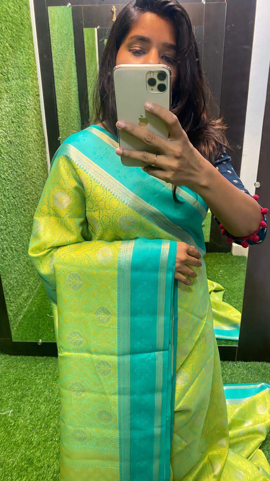 Free Full Draping )Parrot Green And Gold Silk Saree With, 50% OFF