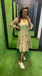 Light mehandi Cotton printed embroidery short kurti top - Threads