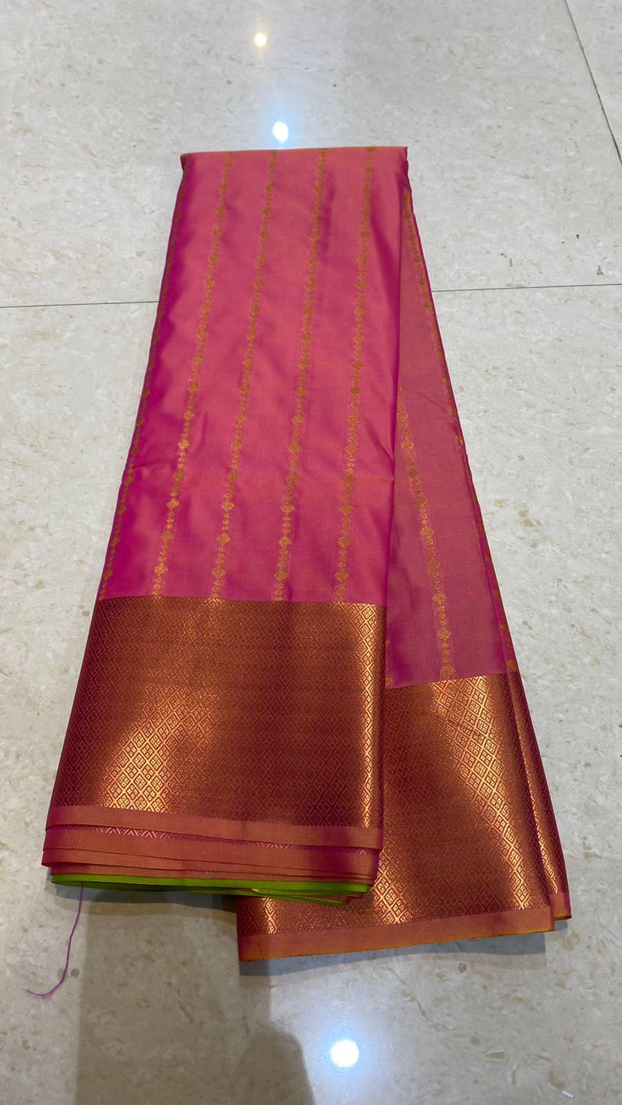 Pink and parrot green silk saree with blouse - Threads