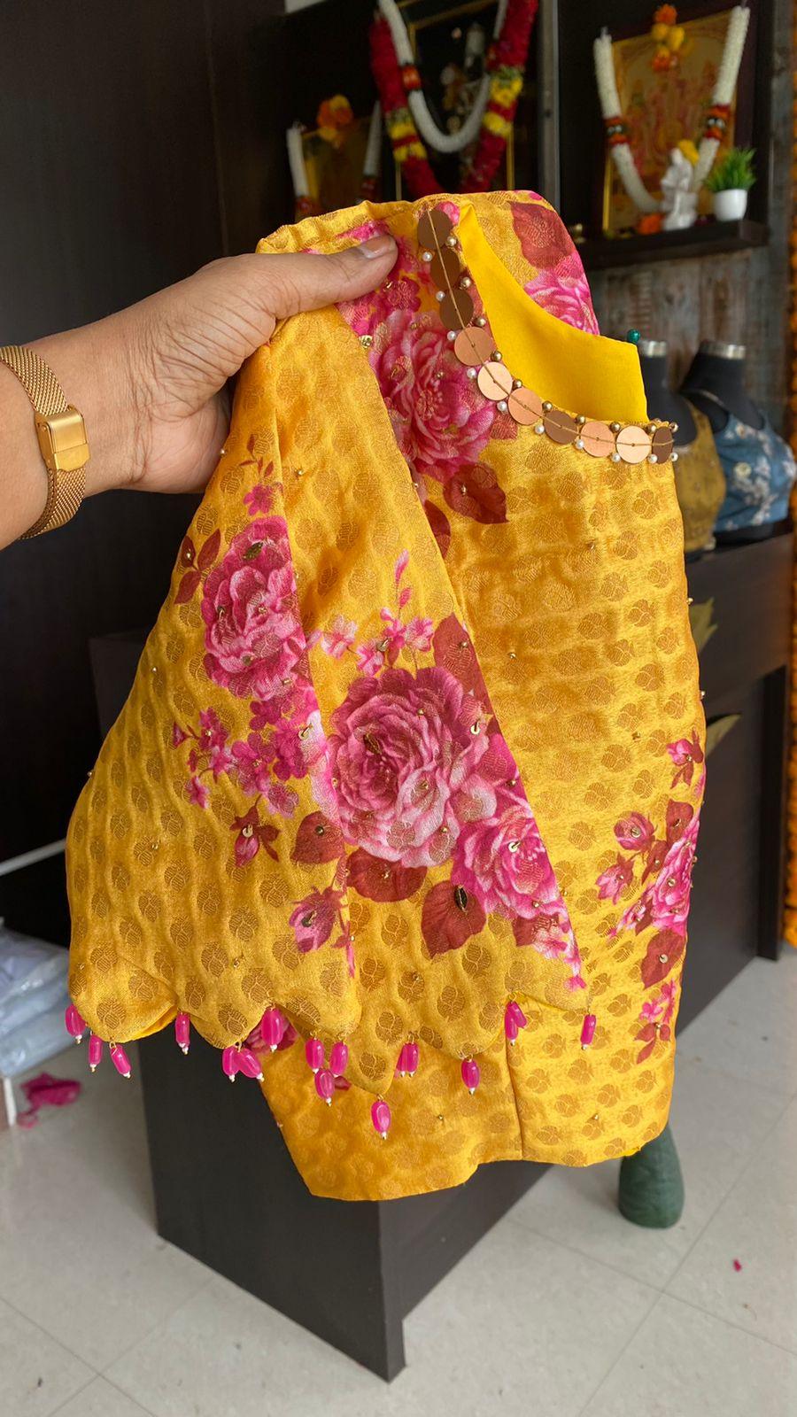 Yellow pink floral print hand worked blouse - Threads