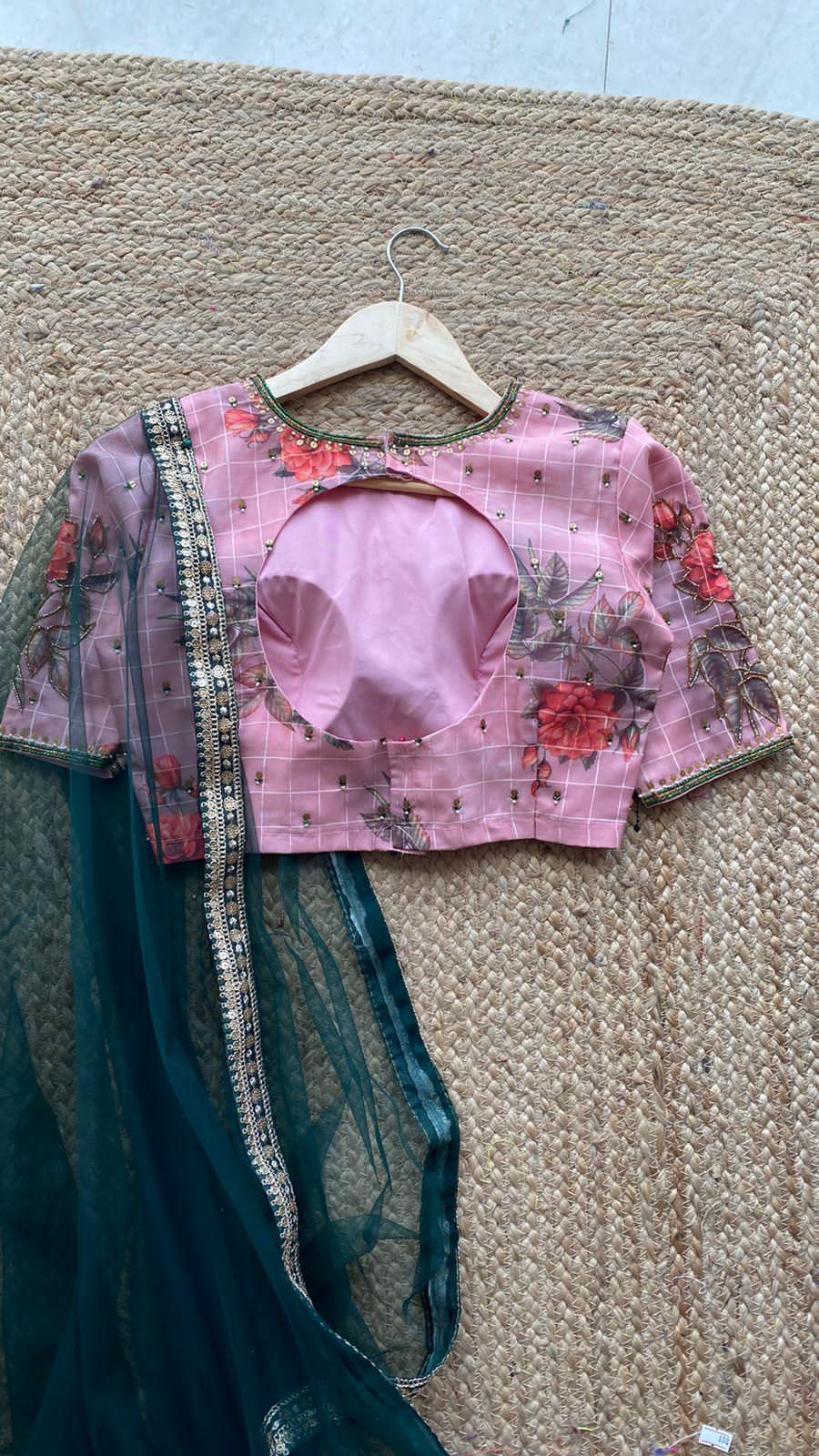 Peach Floral organza embroidery hand worked lehenga - Threads