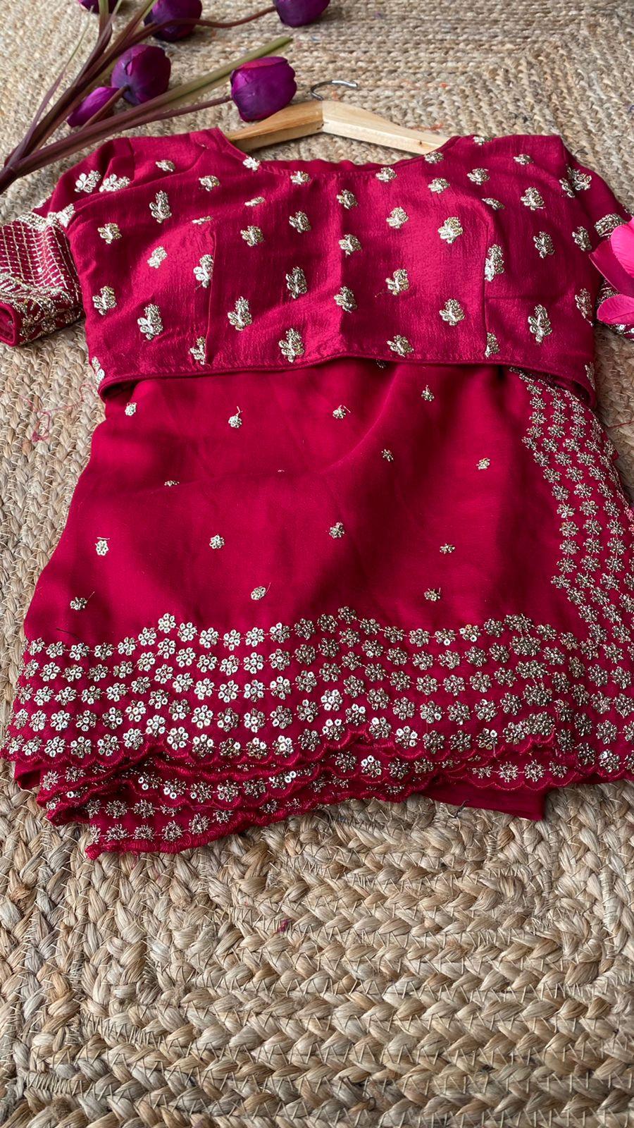 Red embroidery saree with hand worked blouse - Threads