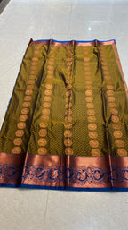 Mehandi green deep blue semi silk saree with blouse - Threads