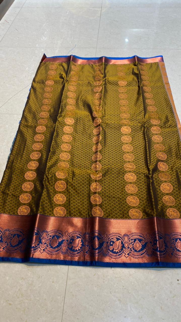 Mehandi green deep blue semi silk saree with blouse - Threads