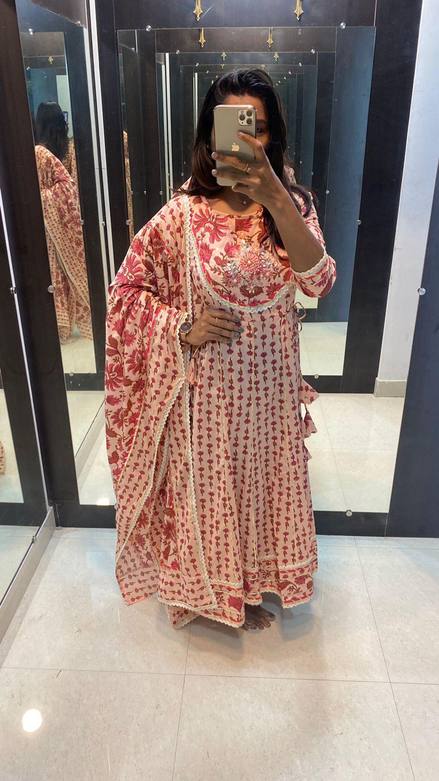 Pure cotton floral embroidery 3 piece Kurti set - Threads