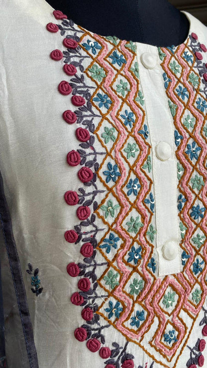 Muslin silk half white embroidery hand worked  3 piece kurti set - Threads