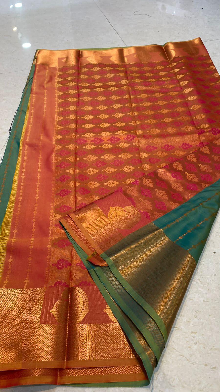 Green and orange silk saree with blouse - Threads