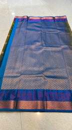 Mehandi green blue semi silk saree with blouse - Threads
