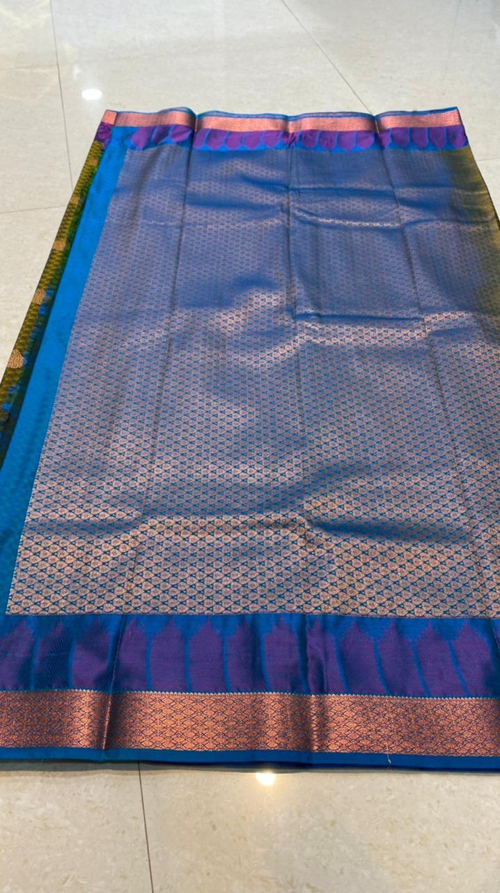Mehandi green blue semi silk saree with blouse - Threads