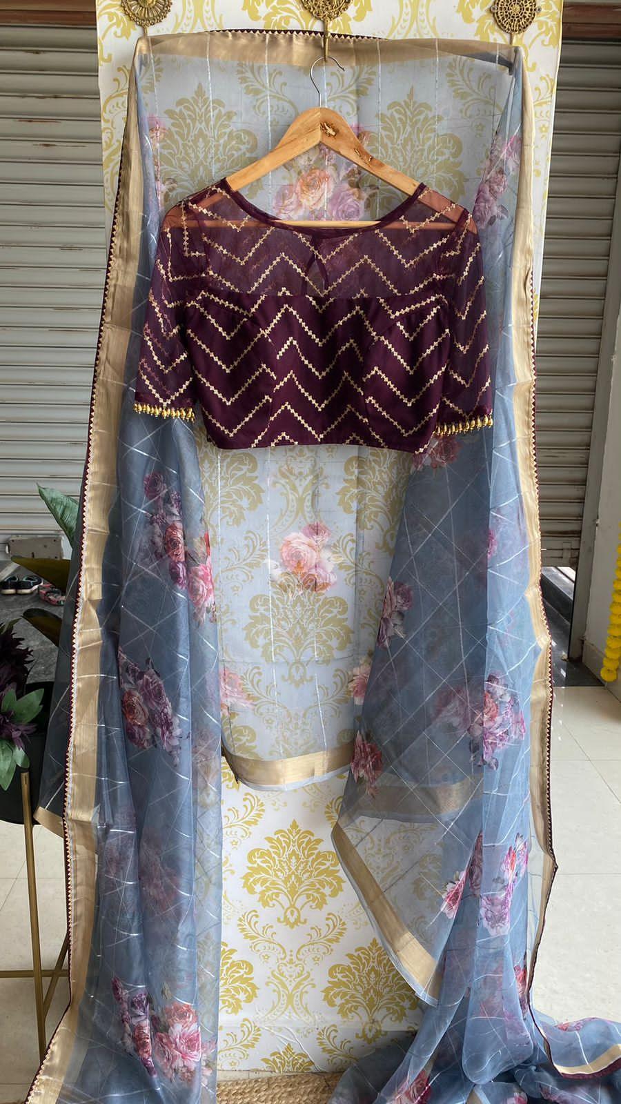 Grey floral organza saree with hand worked Blouse - Threads