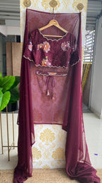 Wine georgette saree with organza hand worked blouse - Threads